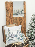 Karácsonyi díszpárnahuzat Havas fenyőerdő, 45×45 cm – gobelin, ezüst lurexszel