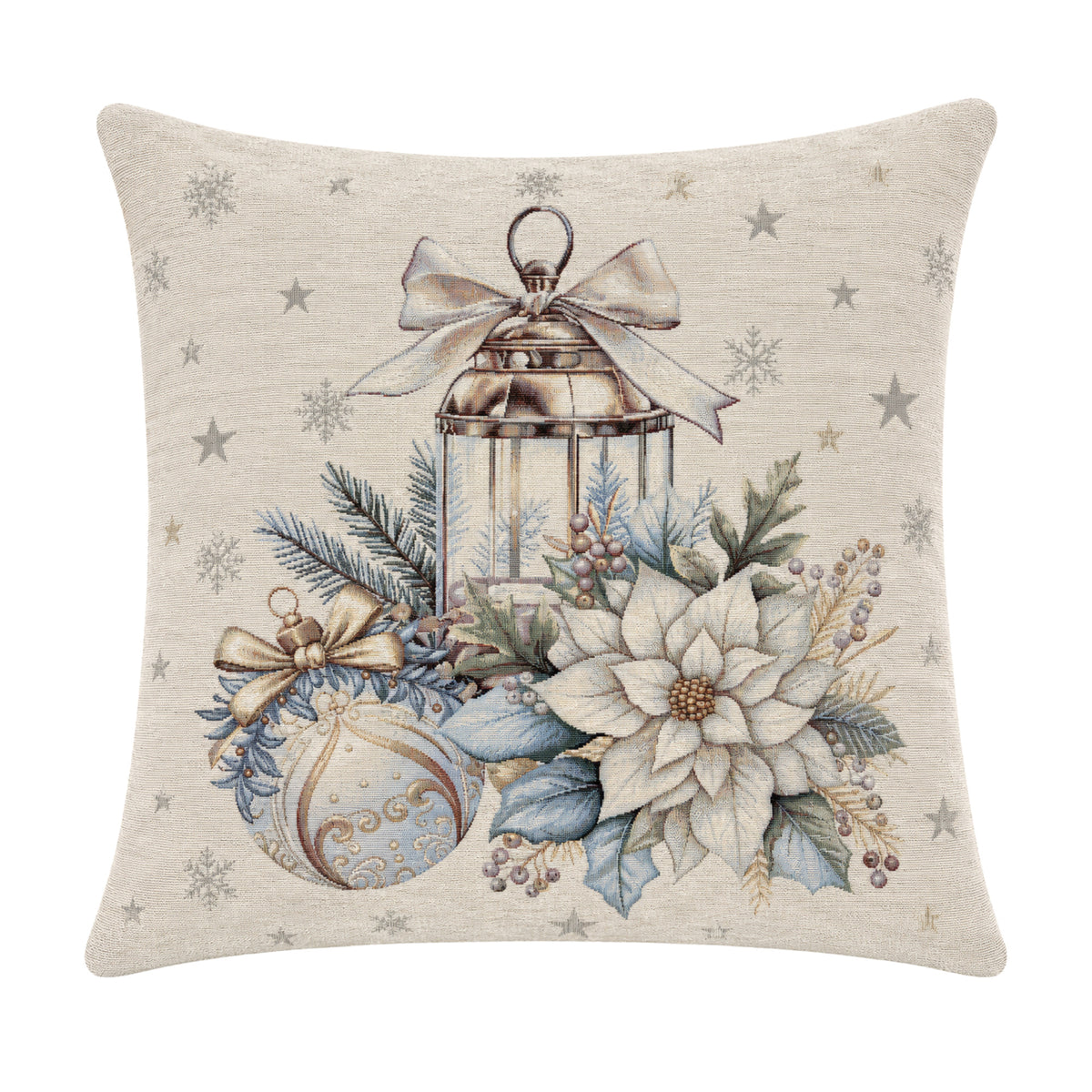 Karácsonyi díszpárnahuzat Arany lámpás, 45×45 cm – gobelin, ezüst lurexszel
