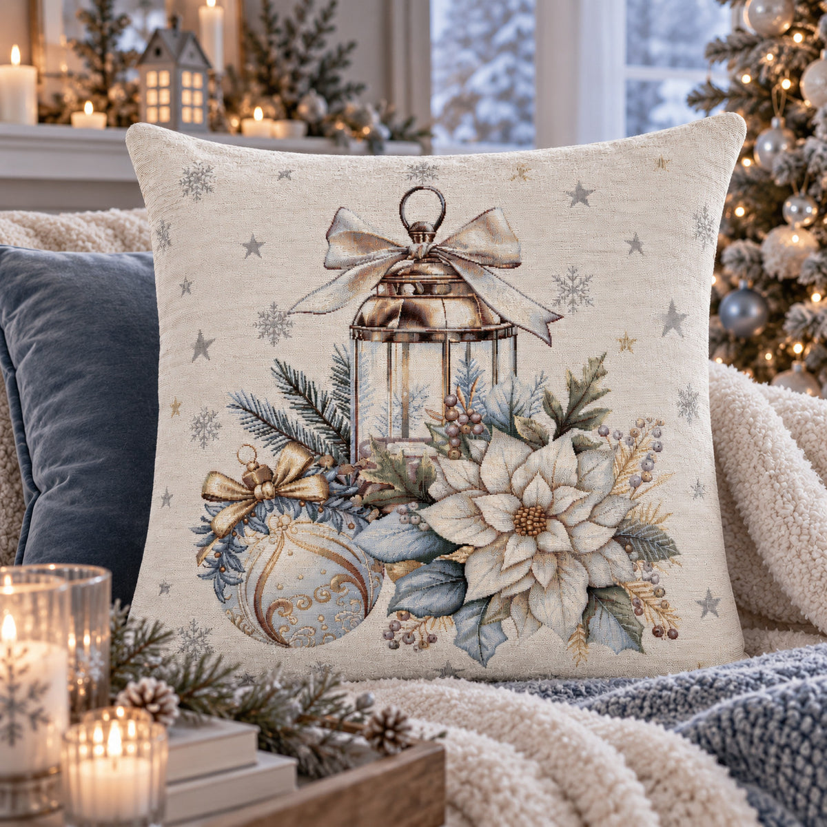 Karácsonyi díszpárnahuzat Arany lámpás, 45×45 cm – gobelin, ezüst lurexszel
