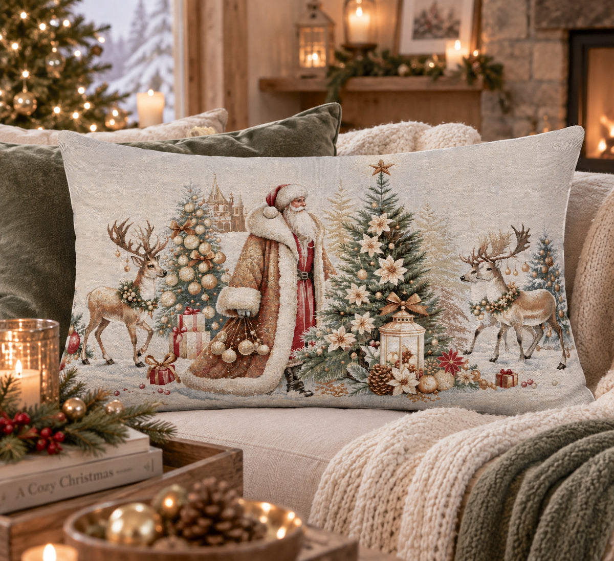 Karácsonyi díszpárna Mikulás arany palástban, 40×70 cm – gobelin, ezüst lurexszel