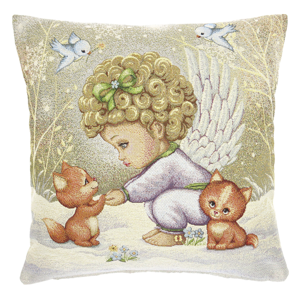 Karácsonyi díszpárnahuzat Angyalka (kislány) a hóban cicákkal, 45×45 cm – gobelin, arany lurexszel