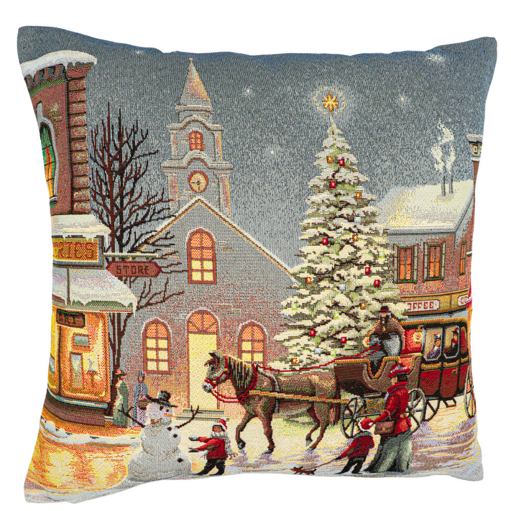 Karácsonyi díszpárnahuzat Városi fények, 45×45 cm – gobelin, arany lurexszel
