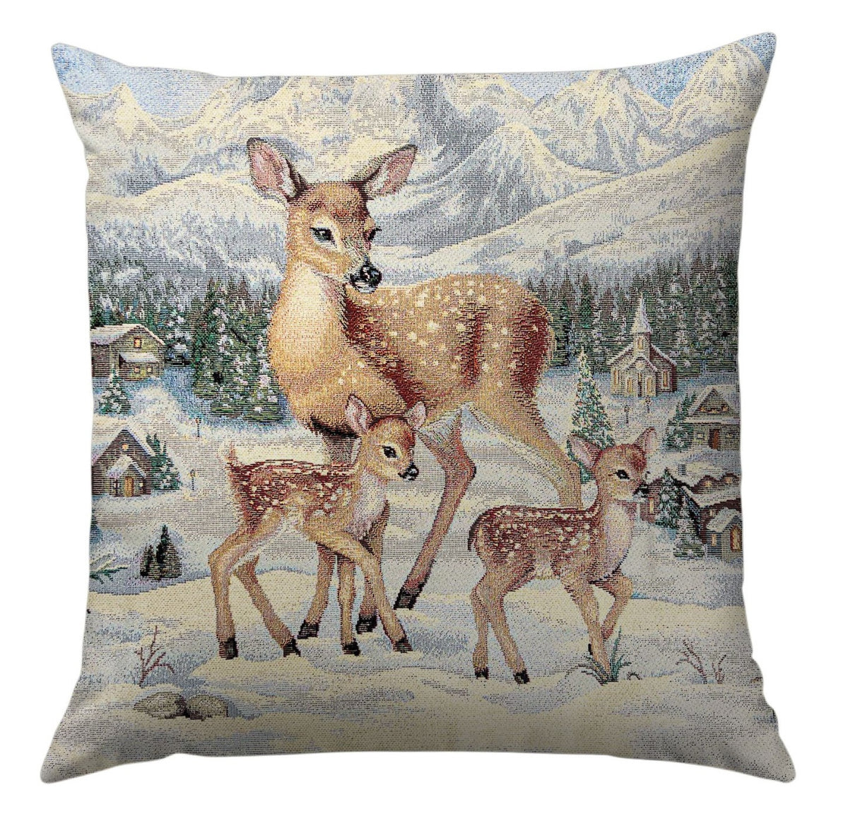 Karácsonyi díszpárnahuzat Őzgidák a falu szélén, 45×45 cm – gobelin, ezüst lurexszel