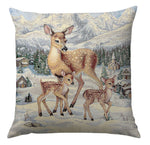 Karácsonyi díszpárnahuzat Őzgidák a falu szélén, 45×45 cm – gobelin, ezüst lurexszel