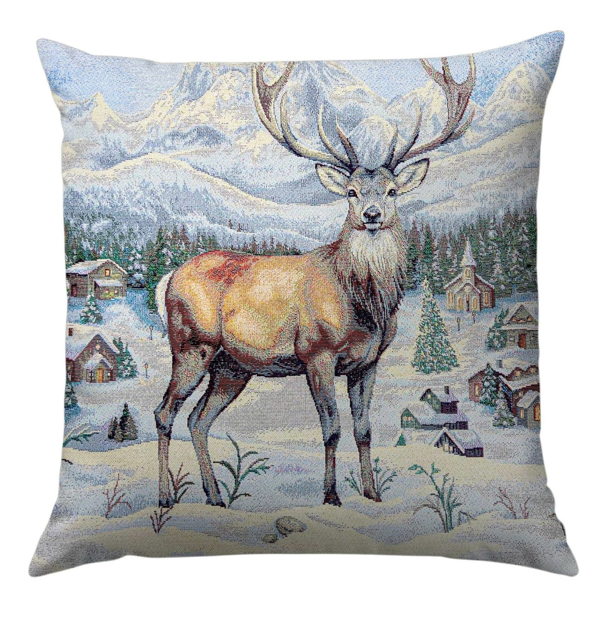 Karácsonyi díszpárnahuzat Szarvas a falu szélén, 45×45 cm – gobelin, ezüst lurexszel