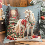 Karácsonyi díszpárnahuzat Fehér lovas, 45×45 cm – gobelin, arany lurexszel