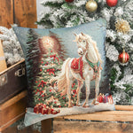 Karácsonyi díszpárnahuzat Fehér lovas, 45×45 cm – gobelin, arany lurexszel