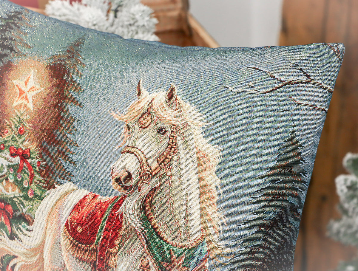 Karácsonyi díszpárnahuzat Fehér lovas, 45×45 cm – gobelin, arany lurexszel