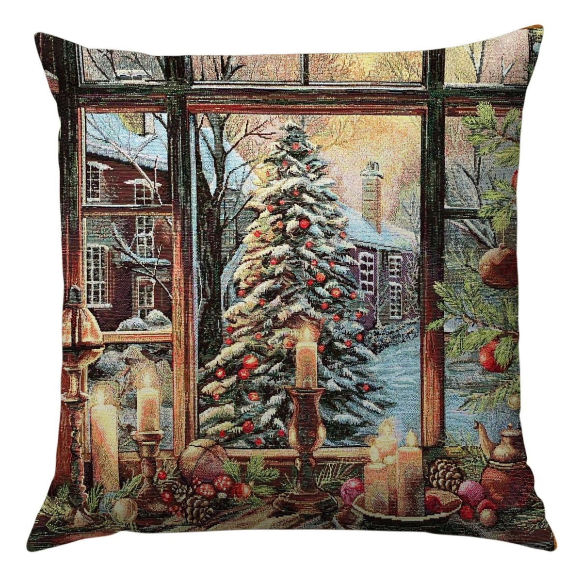 Karácsonyi díszpárnahuzat Gyertyafényes karácsony, 45×45 cm – gobelin, arany lurexszel