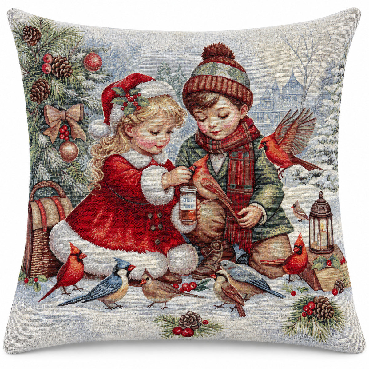 Karácsonyi díszpárnahuzat Gyerekek a hóban, 45×45 cm – gobelin, ezüst lurexszel