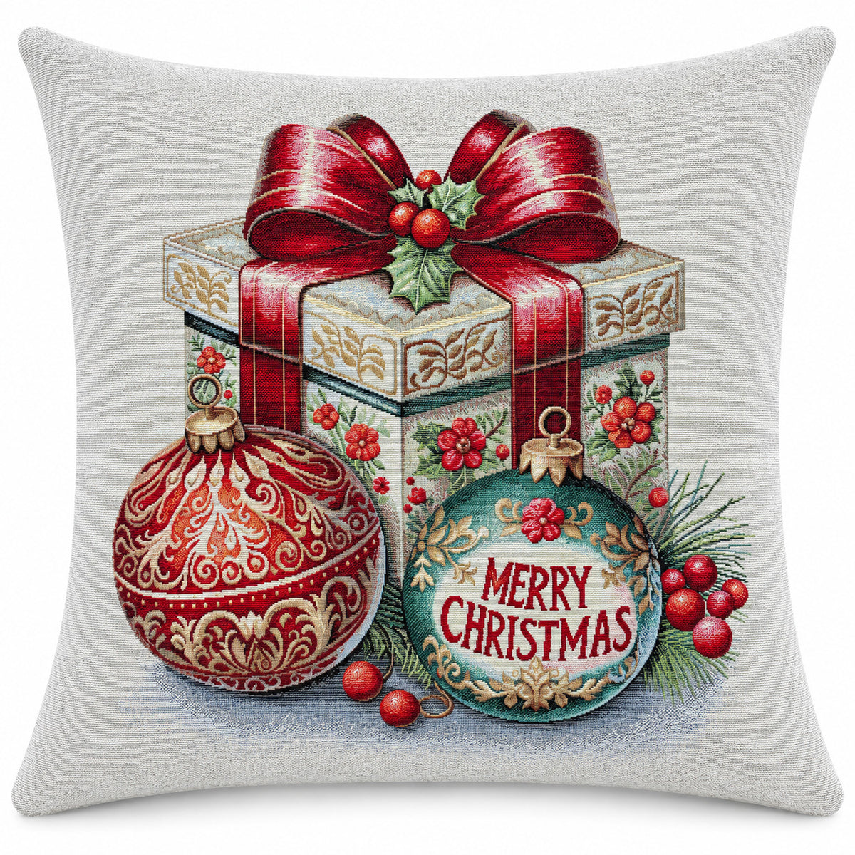 Karácsonyi díszpárnahuzat Ajándék doboz, 45×45 cm – gobelin, arany lurexszel