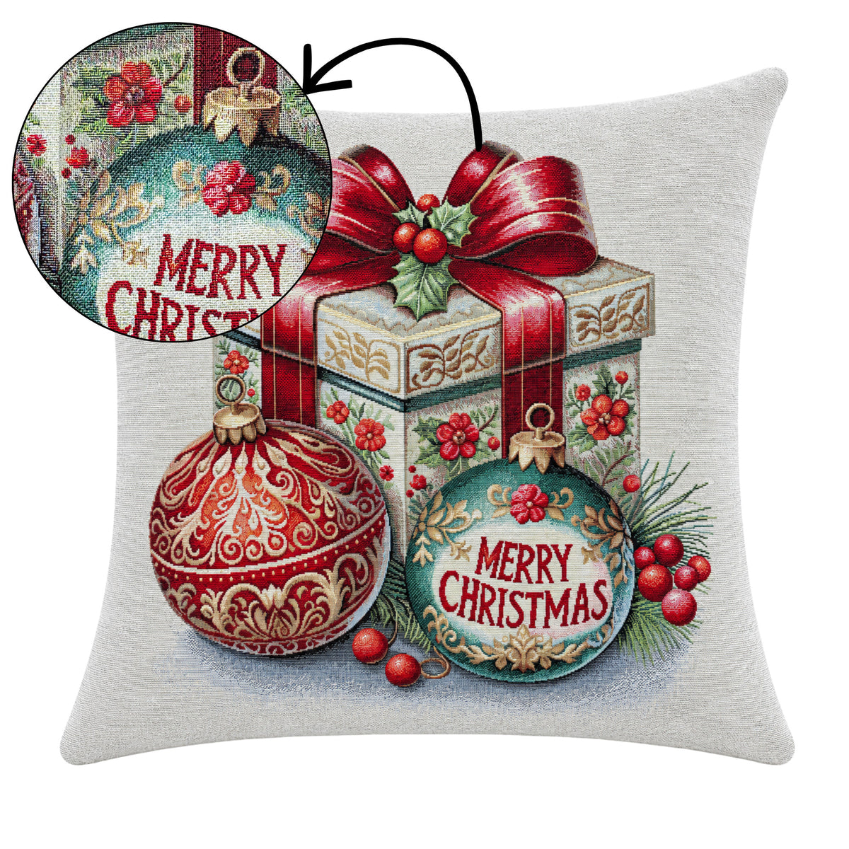 Karácsonyi díszpárnahuzat Ajándék doboz, 45×45 cm – gobelin, arany lurexszel
