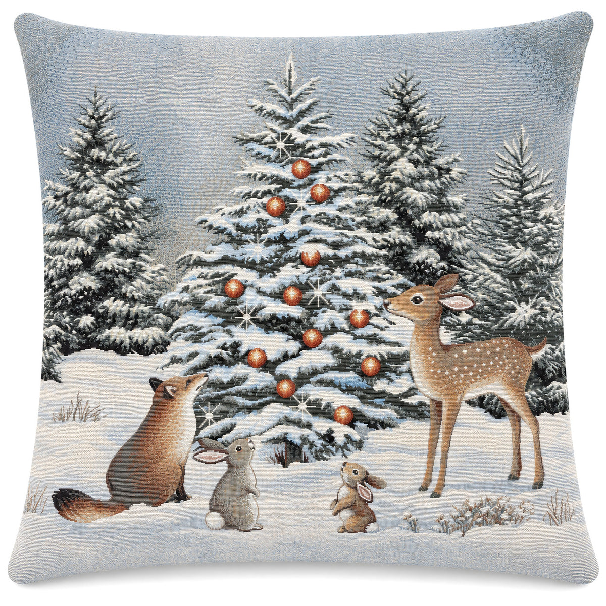 Karácsonyi díszpárnahuzat Erdei állatok a hóban, 45×45 cm – gobelin, lurex nélkül