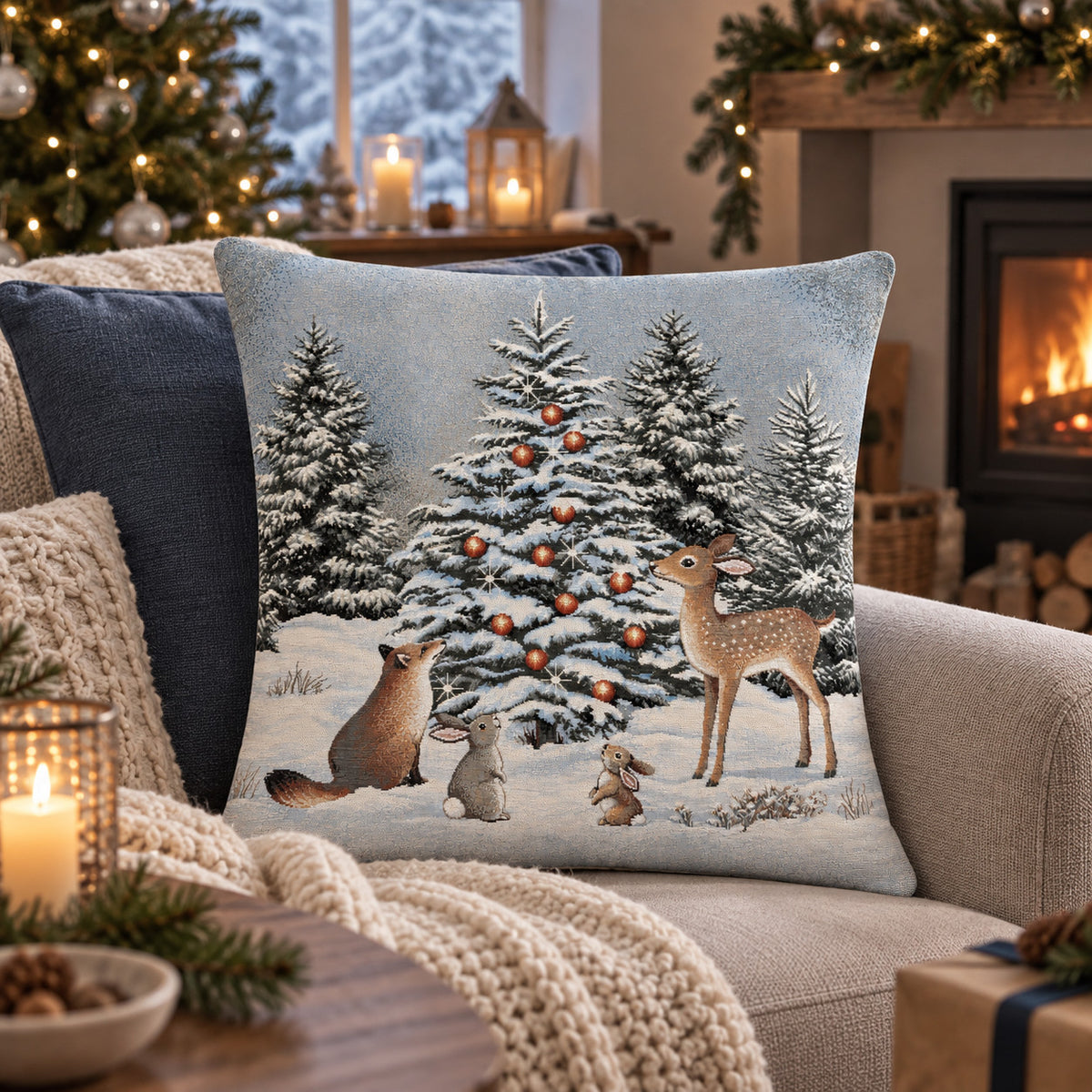 Karácsonyi díszpárnahuzat Erdei állatok a hóban, 45×45 cm – gobelin, lurex nélkül