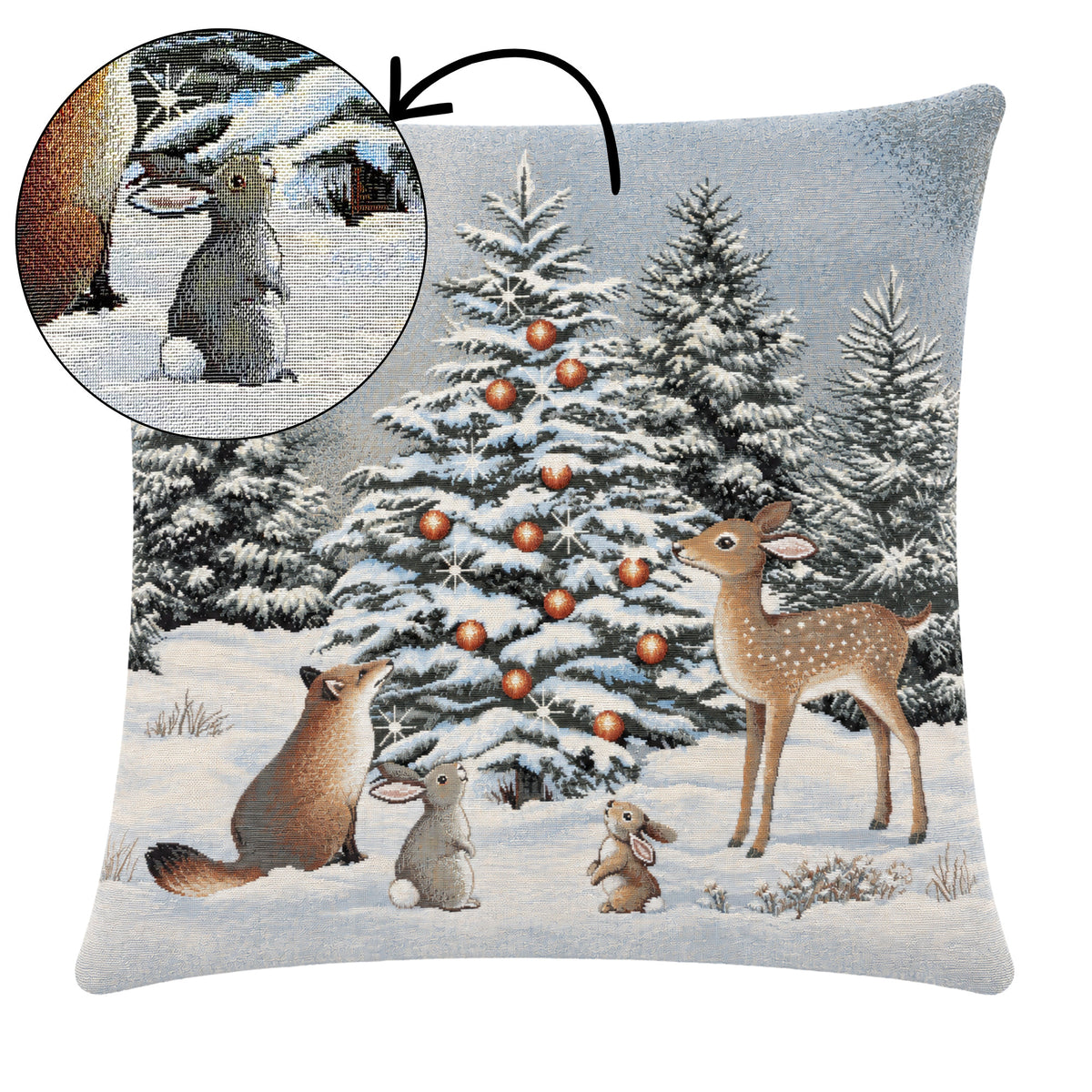 Karácsonyi díszpárnahuzat Erdei állatok a hóban, 45×45 cm – gobelin, lurex nélkül