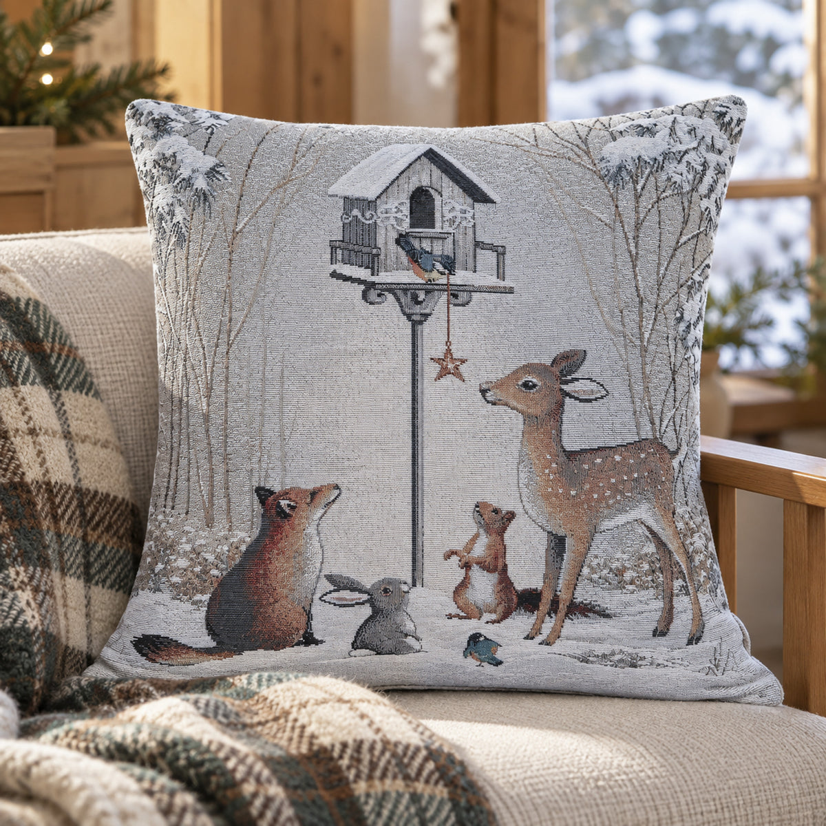 Karácsonyi díszpárnahuzat Téli erdő, 45×45 cm – gobelin, ezüst lurexszel