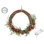 Karácsonyi koszorú fenyővel, bogyókkal LED-es 30 cm