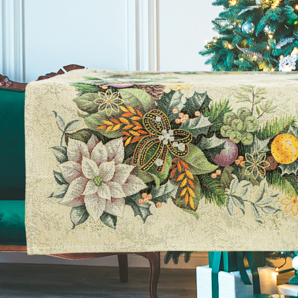 Karácsonyi asztalterítő – Advent karácsonyi koszorús minta, 96×100 cm, gobelin, arany lurex