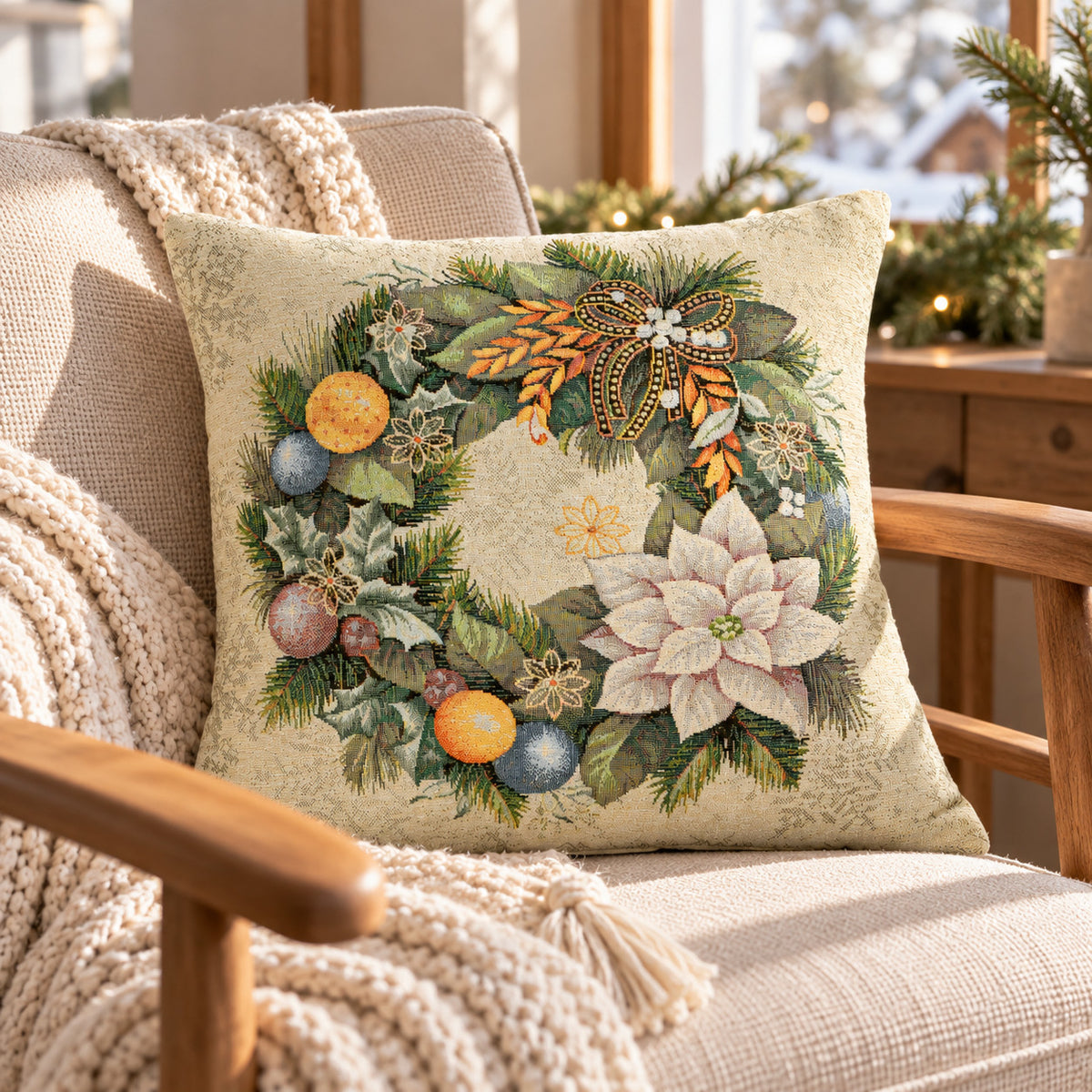 Karácsonyi díszpárnahuzat Advent koszorús, 45×45 cm – gobelin, arany lurexszel