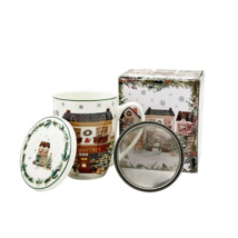 Karácsonyi Porcelán bögre tetővel, fém szűrővel, 360 mldobozban, Christmas City 2