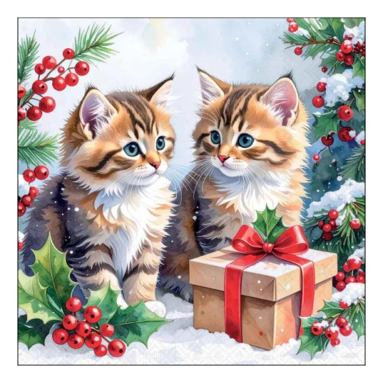 Karácsonyi szalvéta – Kitty gift, 33x33 cm, 20 db-os