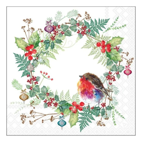 Karácsonyi szalvéta – Robin's wreath white, 33x33 cm, 20 db-os