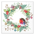 Karácsonyi szalvéta – Robin's wreath white, 33x33 cm, 20 db-os