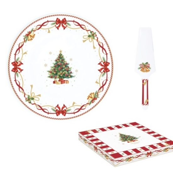 Karácsonyi porcelán tortatál lapáttal 32 cm díszdobozban Christmas Tale