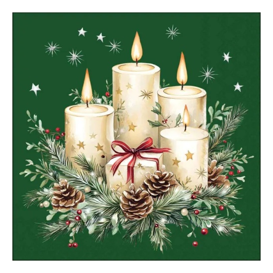 Karácsonyi szalvéta – Candles and gift green, 33x33 cm, 20 db-os