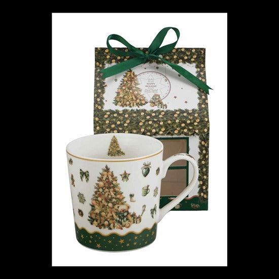 Karácsonyfás porcelán bögre 360 ml – Tree Sparkle (házikó alakú díszdobozban)
