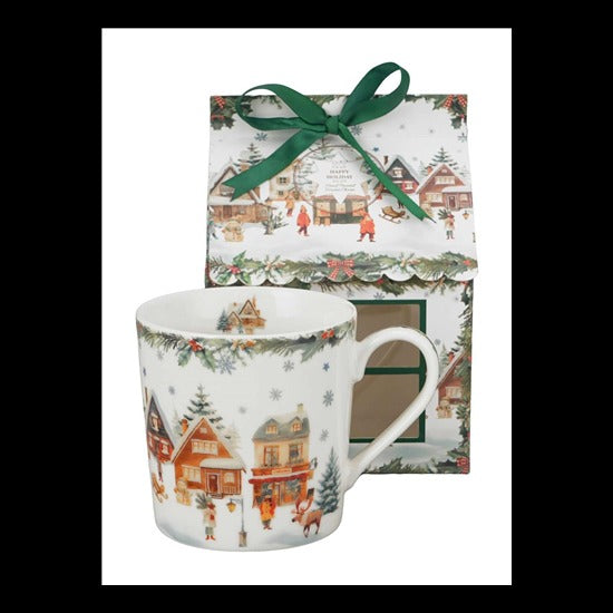 Karácsonyi falucskás porcelán bögre 360 ml – Christmas Village (házikó alakú díszdobozban)