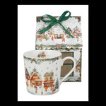 Karácsonyi falucskás porcelán bögre 360 ml – Christmas Village (házikó alakú díszdobozban)