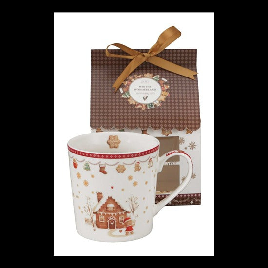 Mézeskalács mintás porcelán bögre 360 ml – Gingerbread House (házikó alakú díszdobozban)