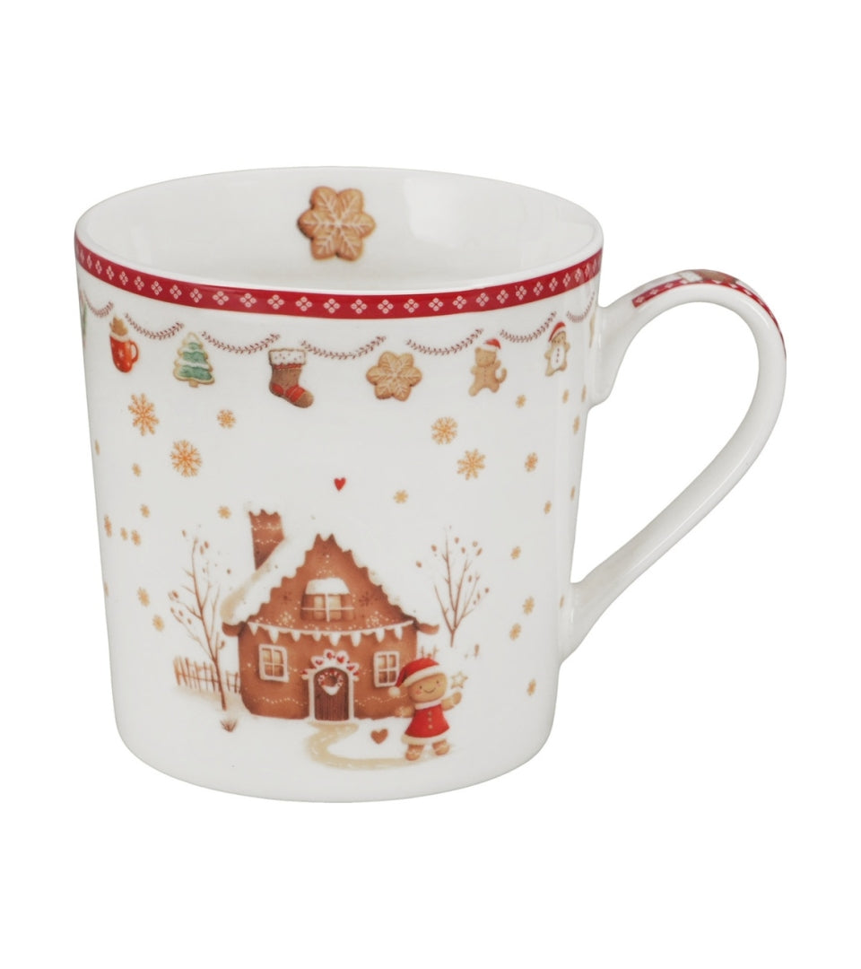 Mézeskalács mintás porcelán bögre 400 ml – Gingerbread House (fenyőfa alakú díszdobozban)