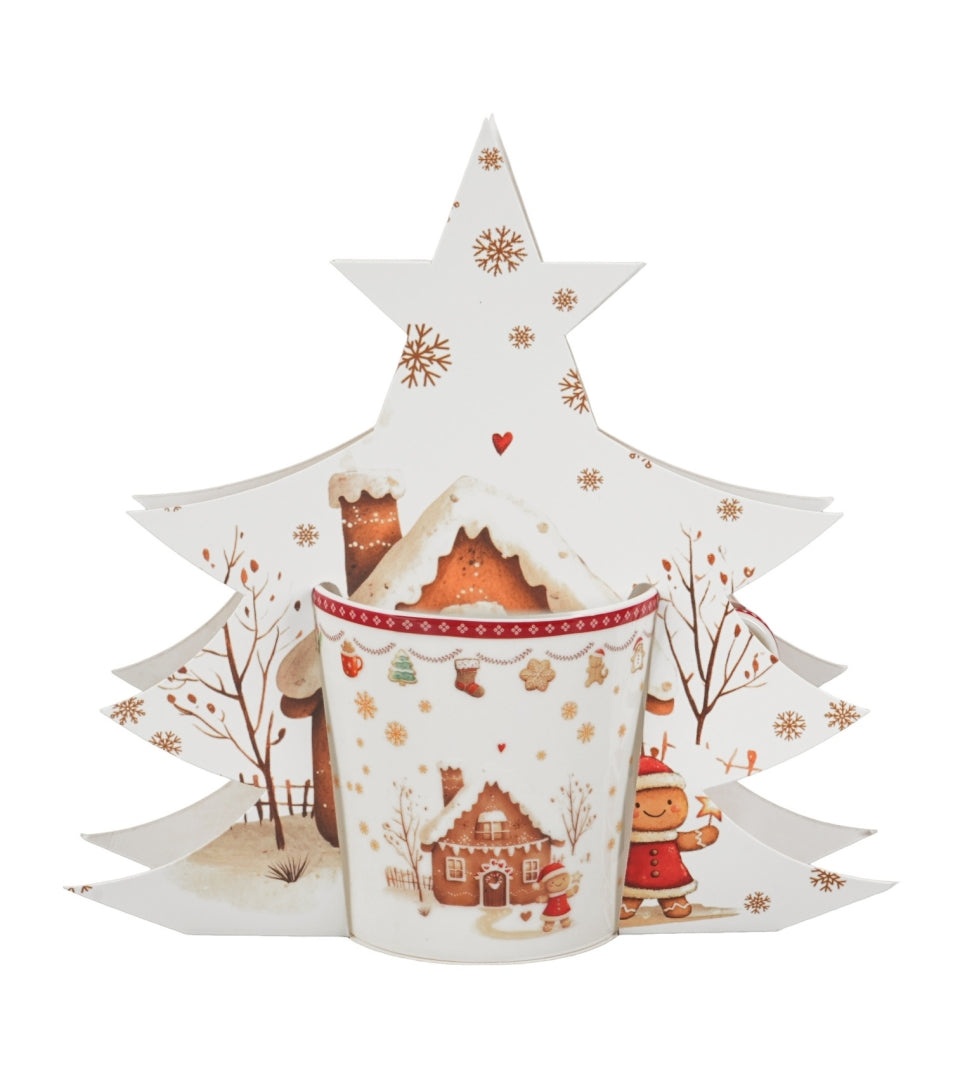 Mézeskalács mintás porcelán bögre 400 ml – Gingerbread House (fenyőfa alakú díszdobozban)