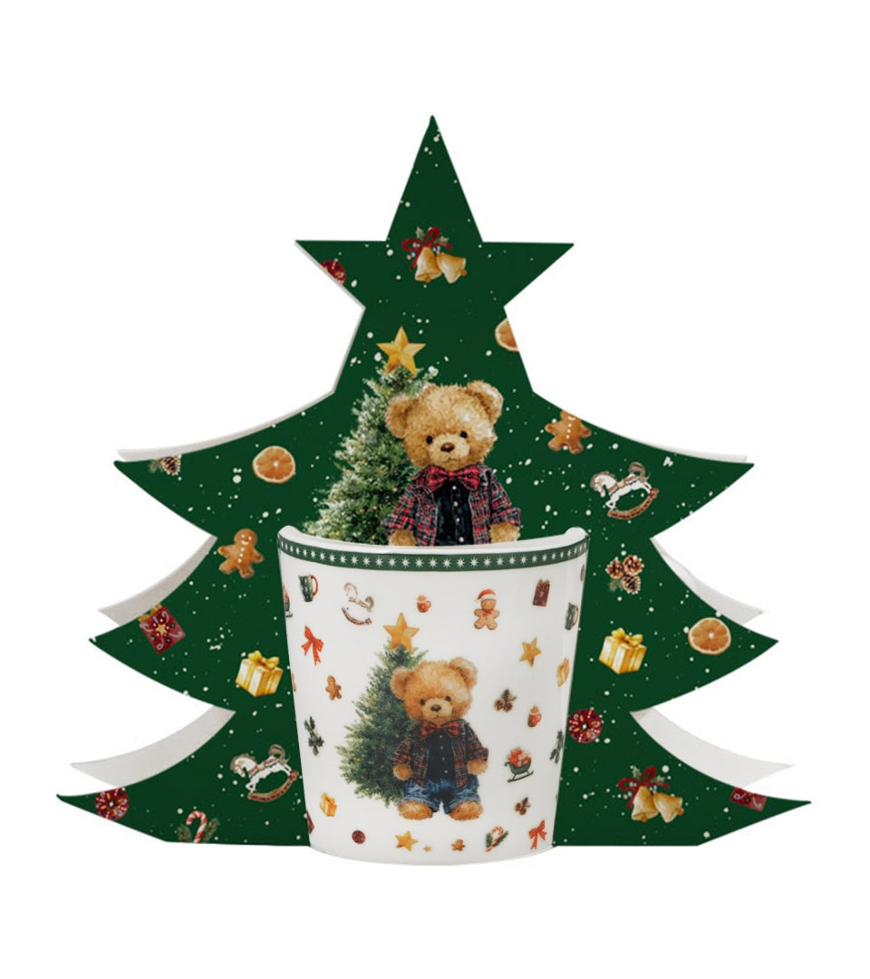 Karácsonyi macis porcelán bögre 400 ml – Teddy Noel (fenyőfa alakú díszdobozban)
