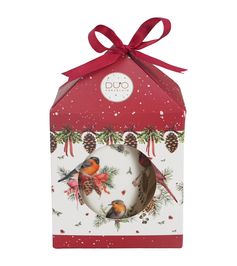 Madármintás porcelán teásbögre tetővel és fémszűrővel 360 ml – Birds of Winter (díszdobozban)