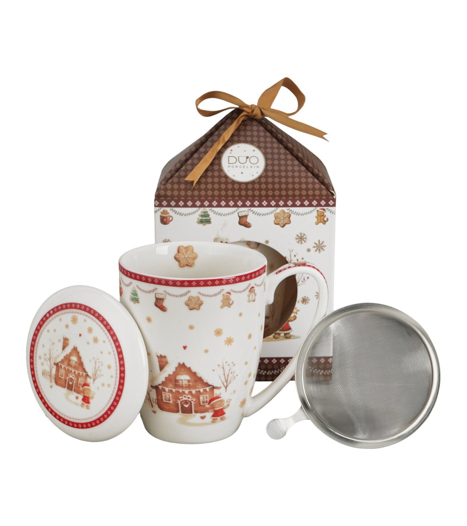 Mézeskalács mintás porcelán teásbögre tetővel és fémszűrővel 360 ml – Gingerbread House (házikó alakú díszdobozban)