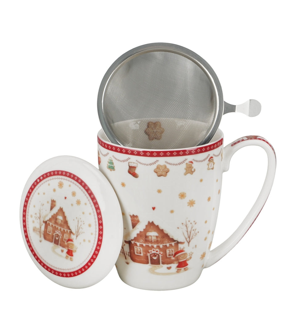 Mézeskalács mintás porcelán teásbögre tetővel és fémszűrővel 360 ml – Gingerbread House (házikó alakú díszdobozban)