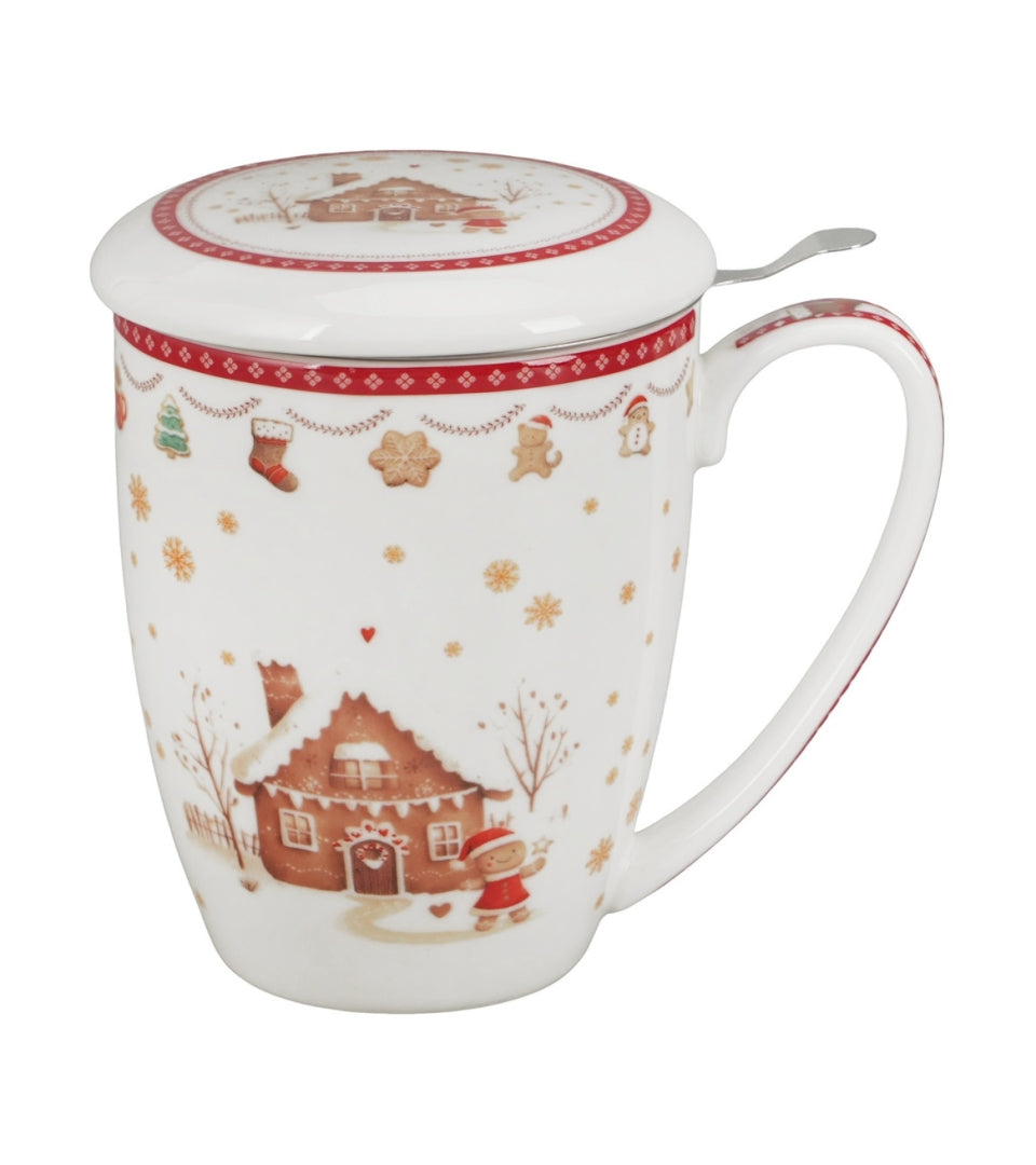 Mézeskalács mintás porcelán teásbögre tetővel és fémszűrővel 360 ml – Gingerbread House (házikó alakú díszdobozban)