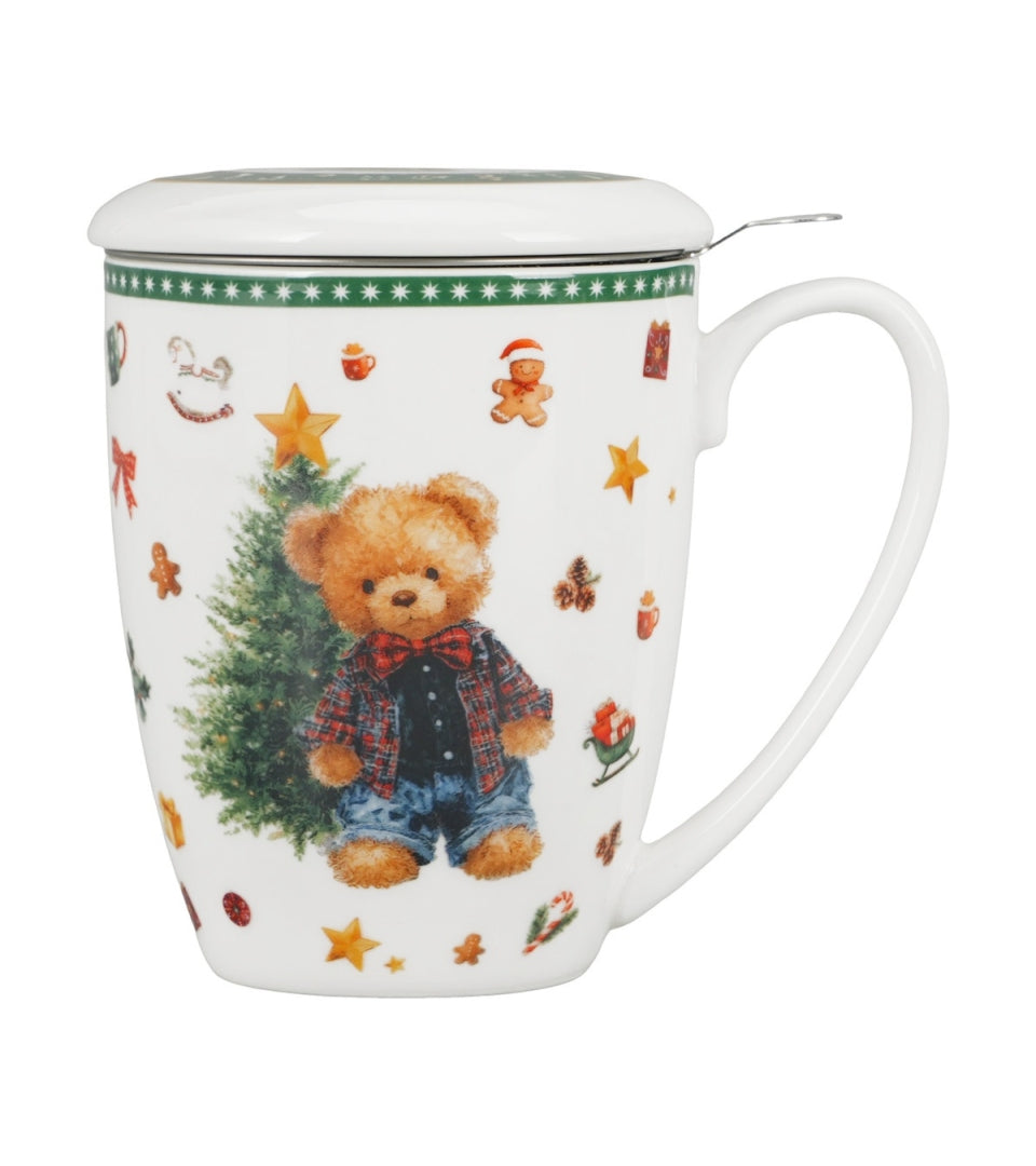 Karácsonyi macis porcelán teásbögre tetővel és fémszűrővel 360 ml – Teddy Noel (díszdobozban)