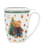 Karácsonyi macis porcelán teásbögre tetővel és fémszűrővel 360 ml – Teddy Noel (díszdobozban)