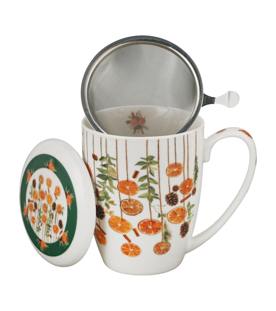 Téli gyümölcsös porcelán teásbögre tetővel és fémszűrővel 360 ml – Winter Fruits (díszdobozban)