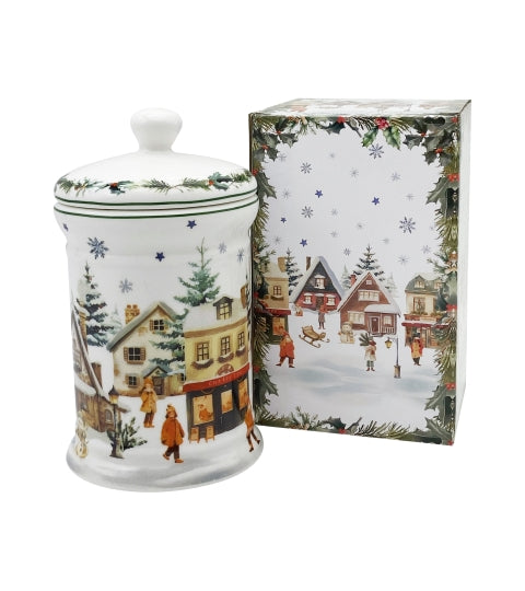 Karácsonyi porcelán keksztároló díszdobozban Christmas Village